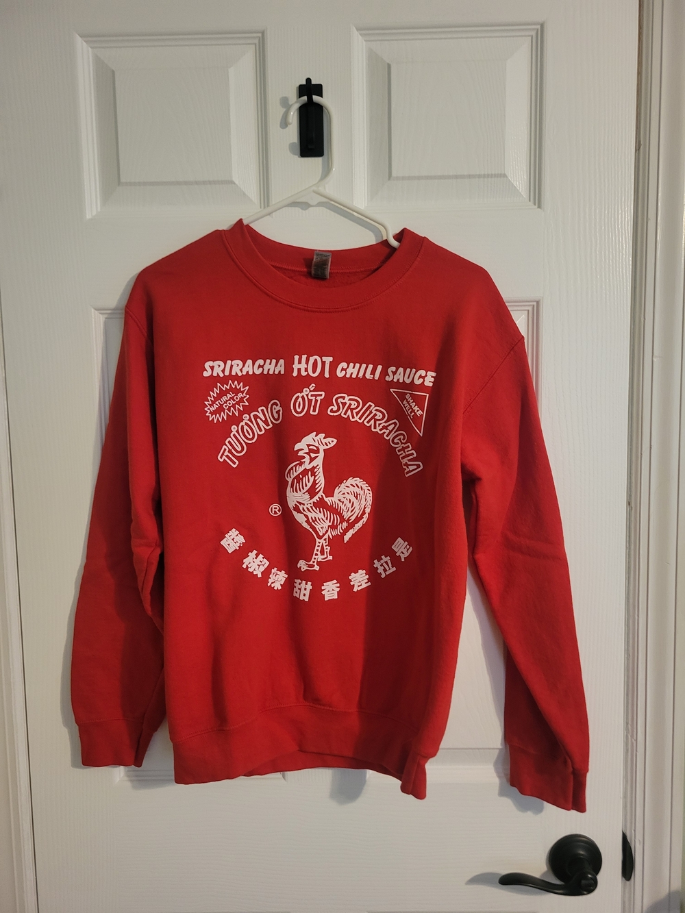 Gildan Red Crewneck with White Sriracha Rooster Graphic